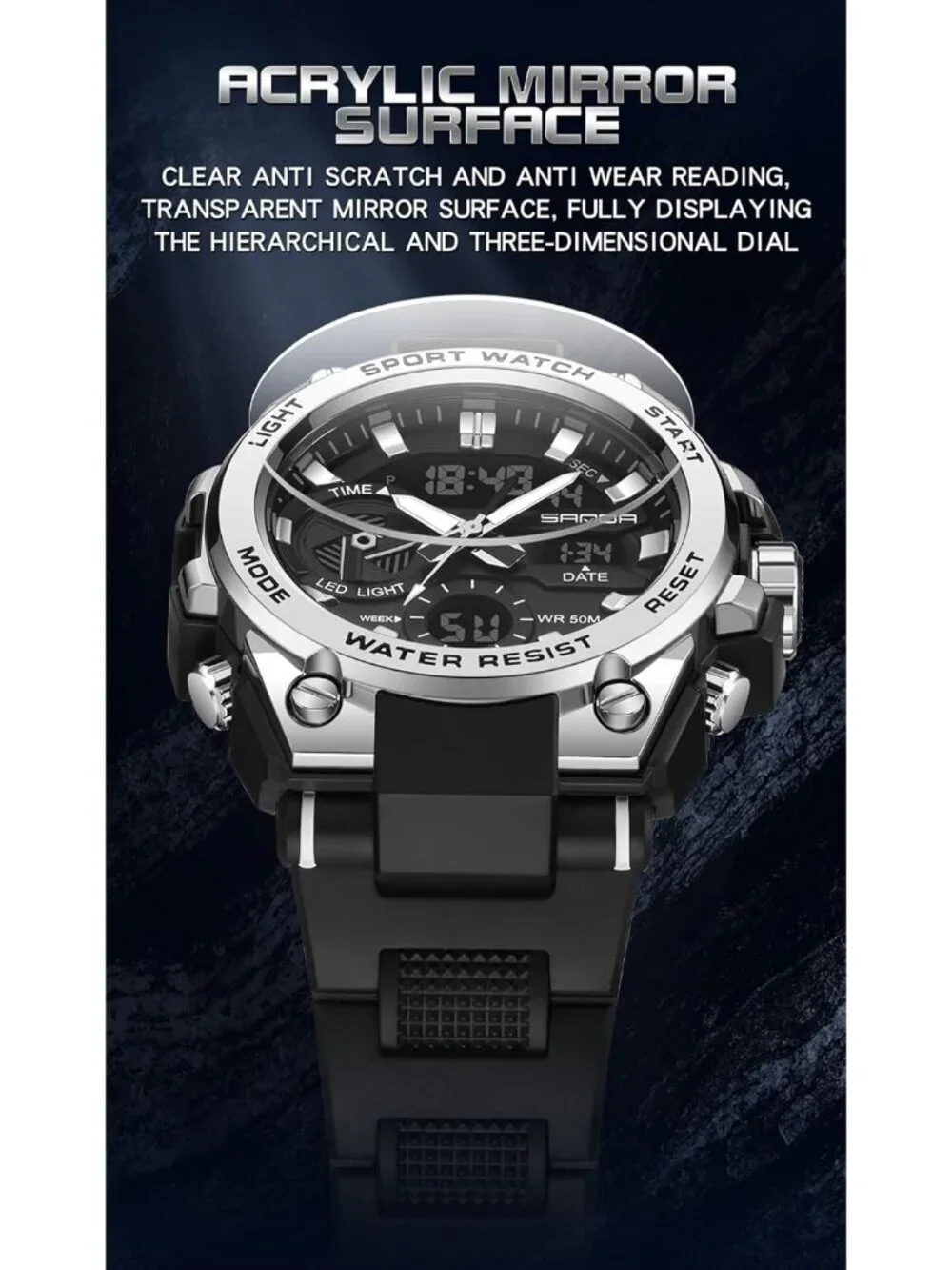 Mens Black Silver Analog Quartz Sport Waterproof Military Tactical Digital Watch